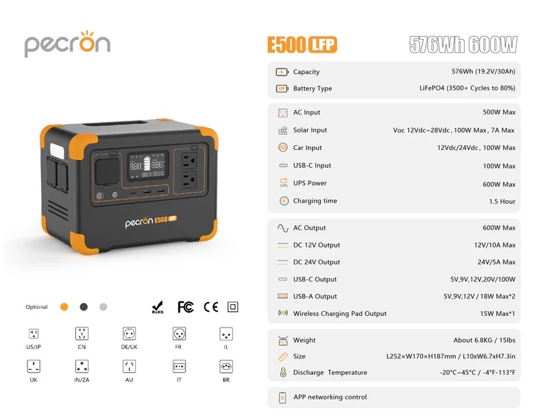 ESTACION DE PODER PORTATIL 600W AC 576W/H (19.2V/30AMP) LITIO E500LFP PECRON