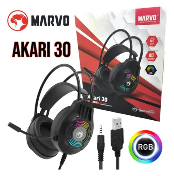 AUDIFONO MARVO NEGRO H8326 AKARI 30, RGB USB + 3.5MM