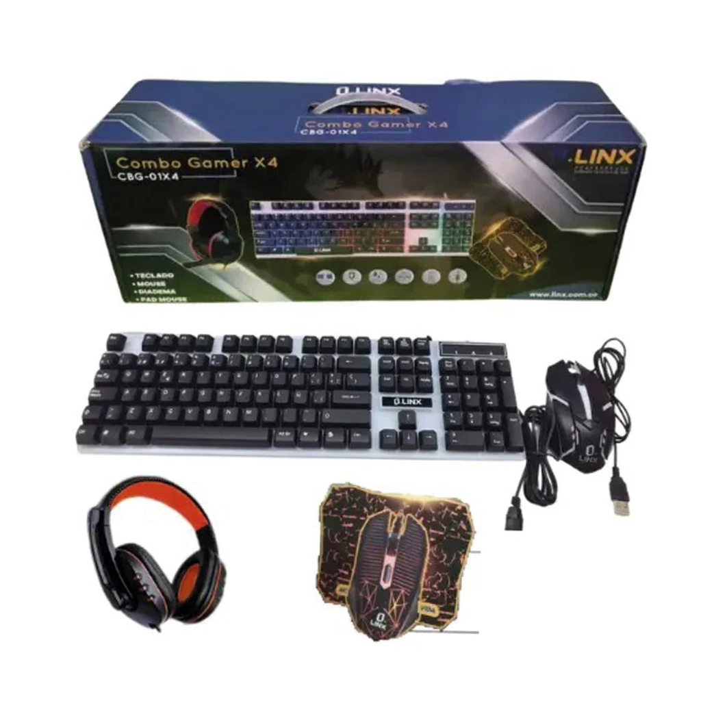 COMBO TECLADO, AUDIFONO Y MOUSE USB LINX NEGRO+RGB GAMING X4 CBG-01X4